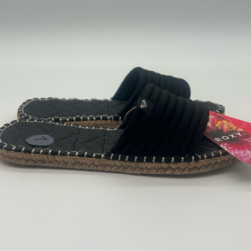 Roxy Black Ribbed Espadrille Slides‎